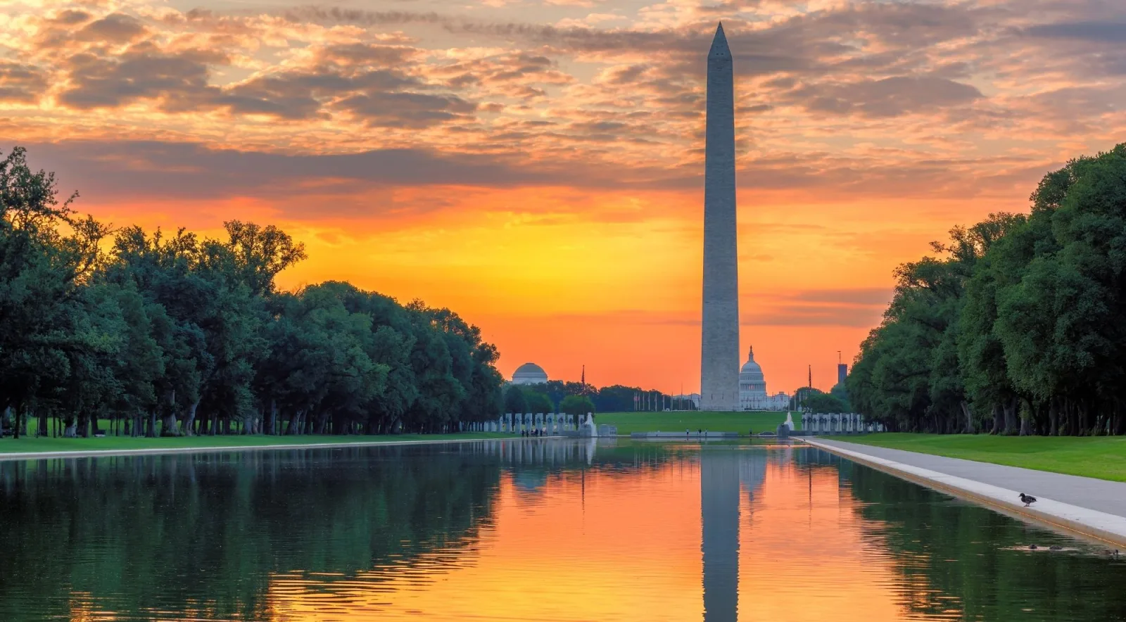 The Washington Monument reflected in the Lincoln Memorial Reflecting Pool at sunset