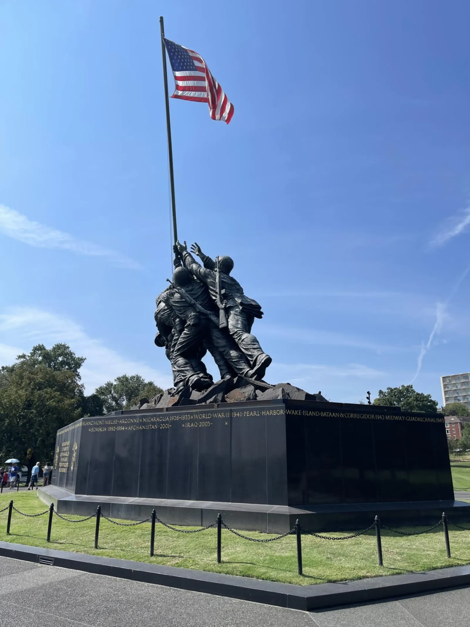 The U.S. Marine Corps War Memorial with the flag flying