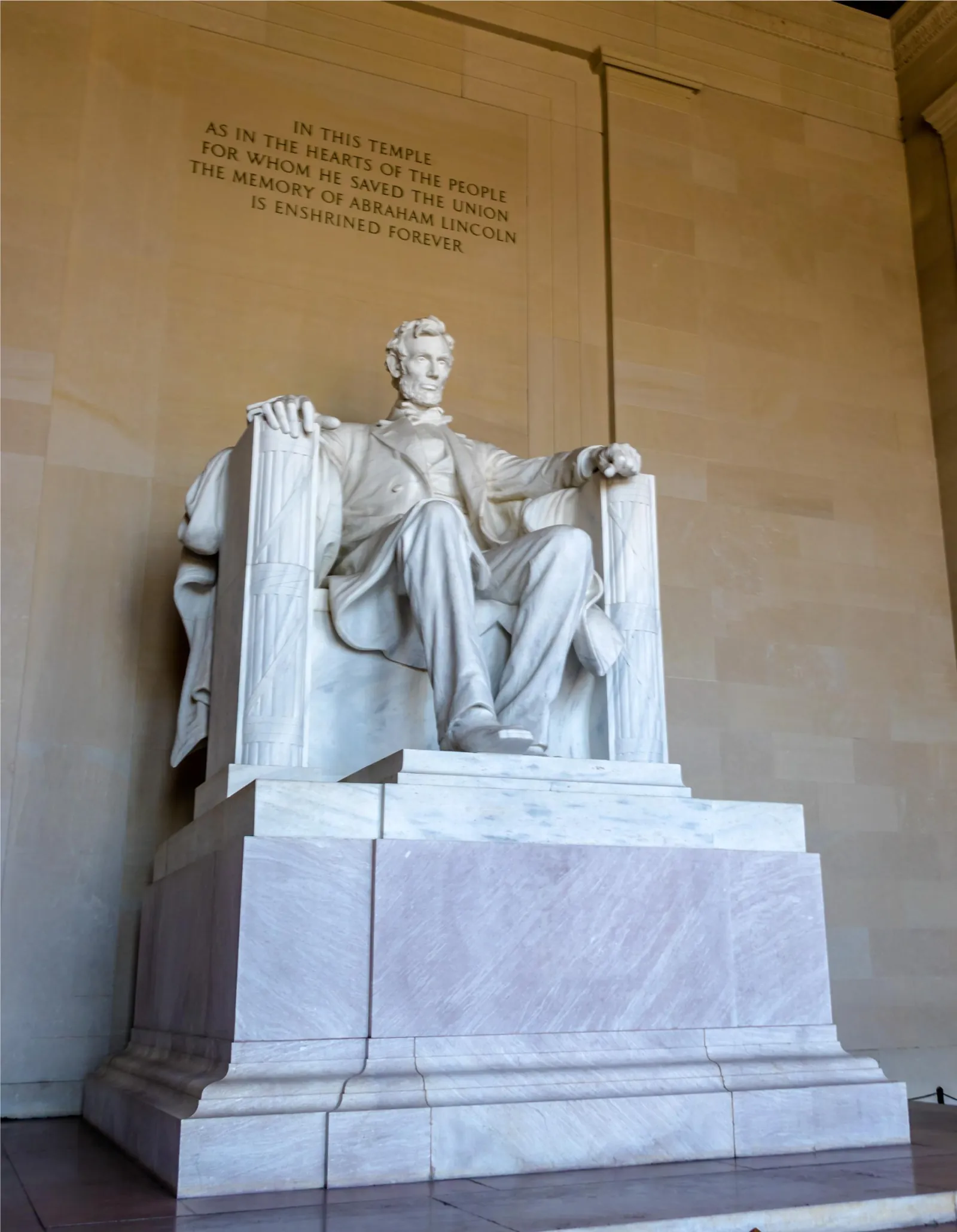 The seated statue of Abraham Lincoln inside the Lincoln Memorial