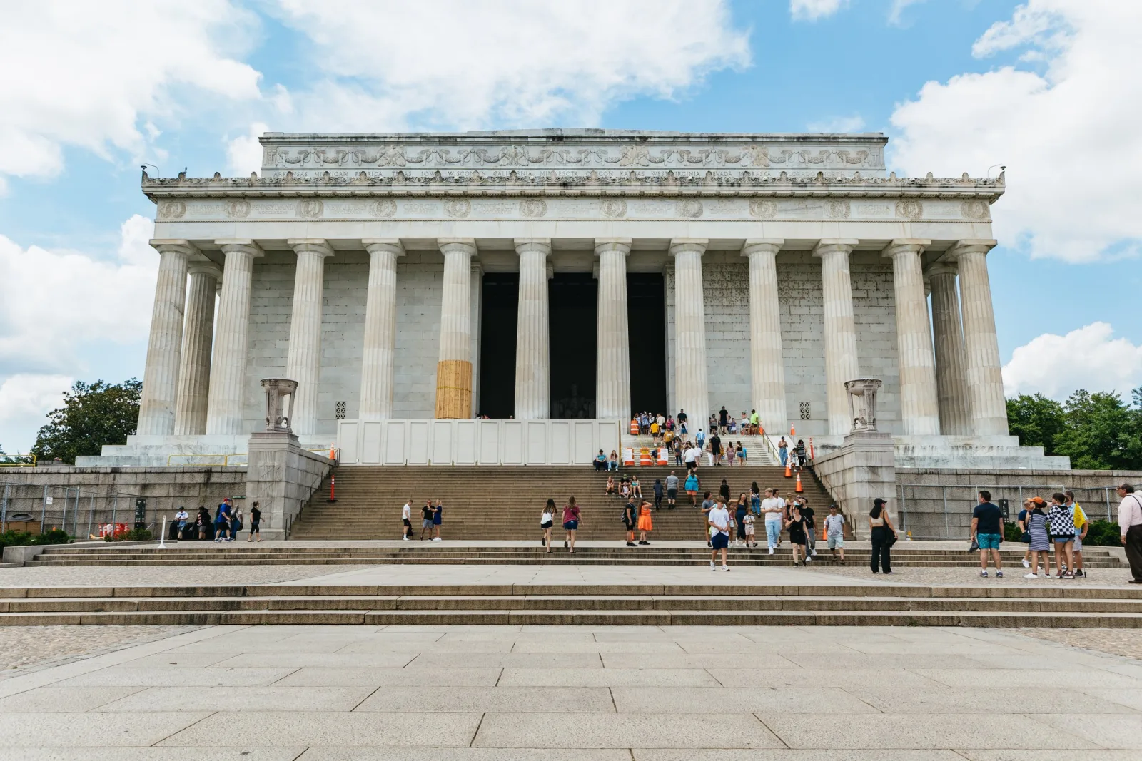 The Lincoln Memorial and its steps under a blue sky